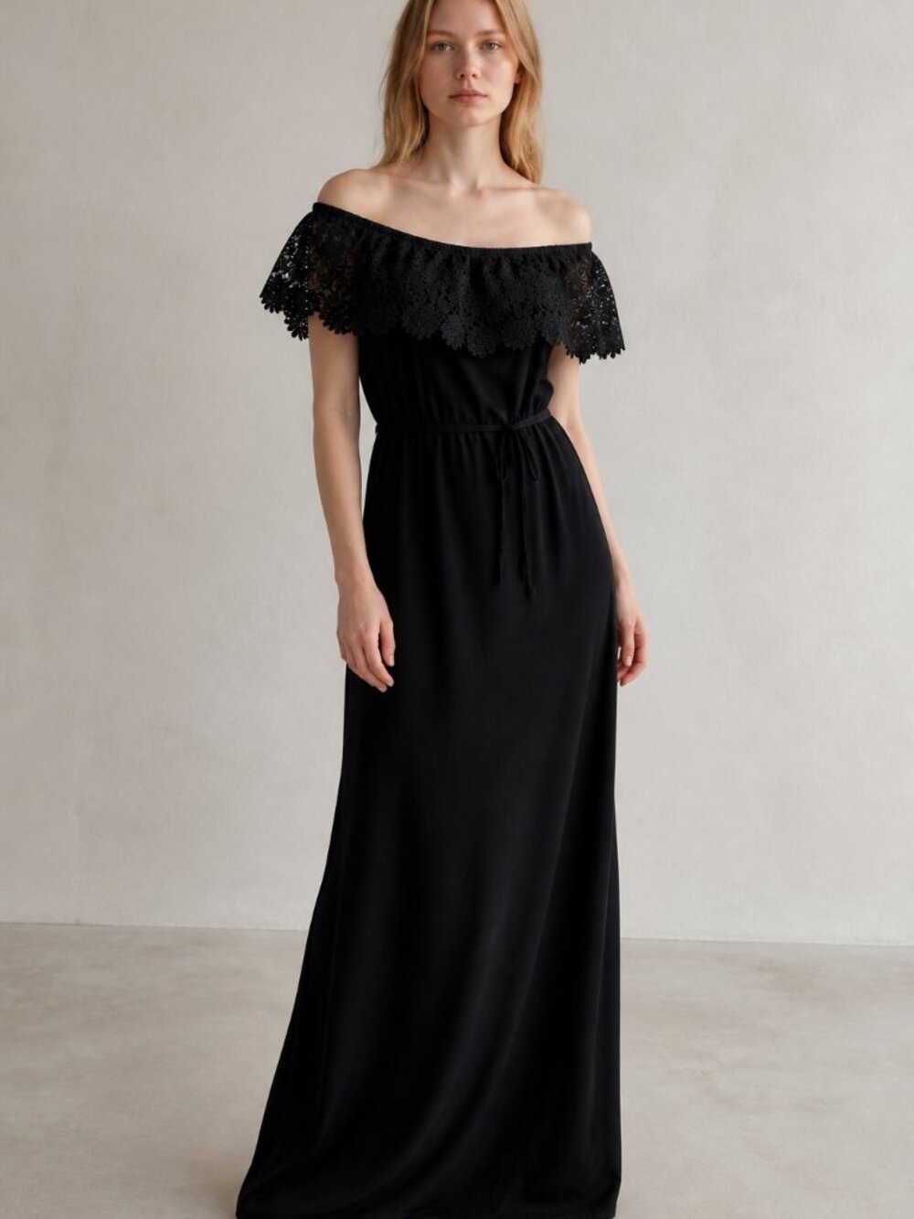 Design History Black Maxi Dress with Floral Lace Yoke